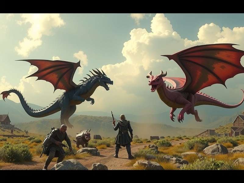 Epic fantasy battle scene with dragons and armies