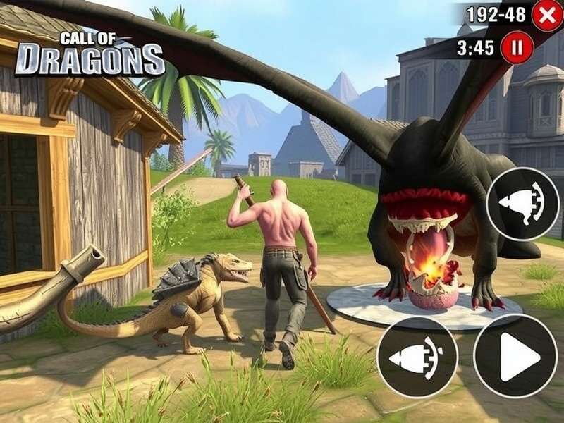Call of Dragons Android gameplay screenshot showing a large-scale battle with dragons and infantry units